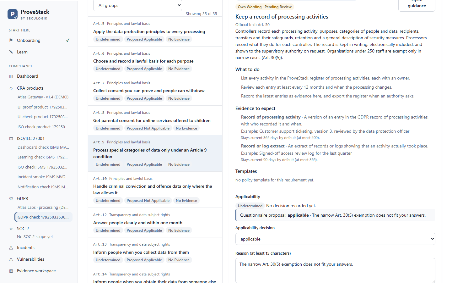 Module RGPD : liste des exigences par article et, pour le registre des activités de traitement, ce qu'il faut faire, les preuves attendues et la décision d'applicabilité proposée.